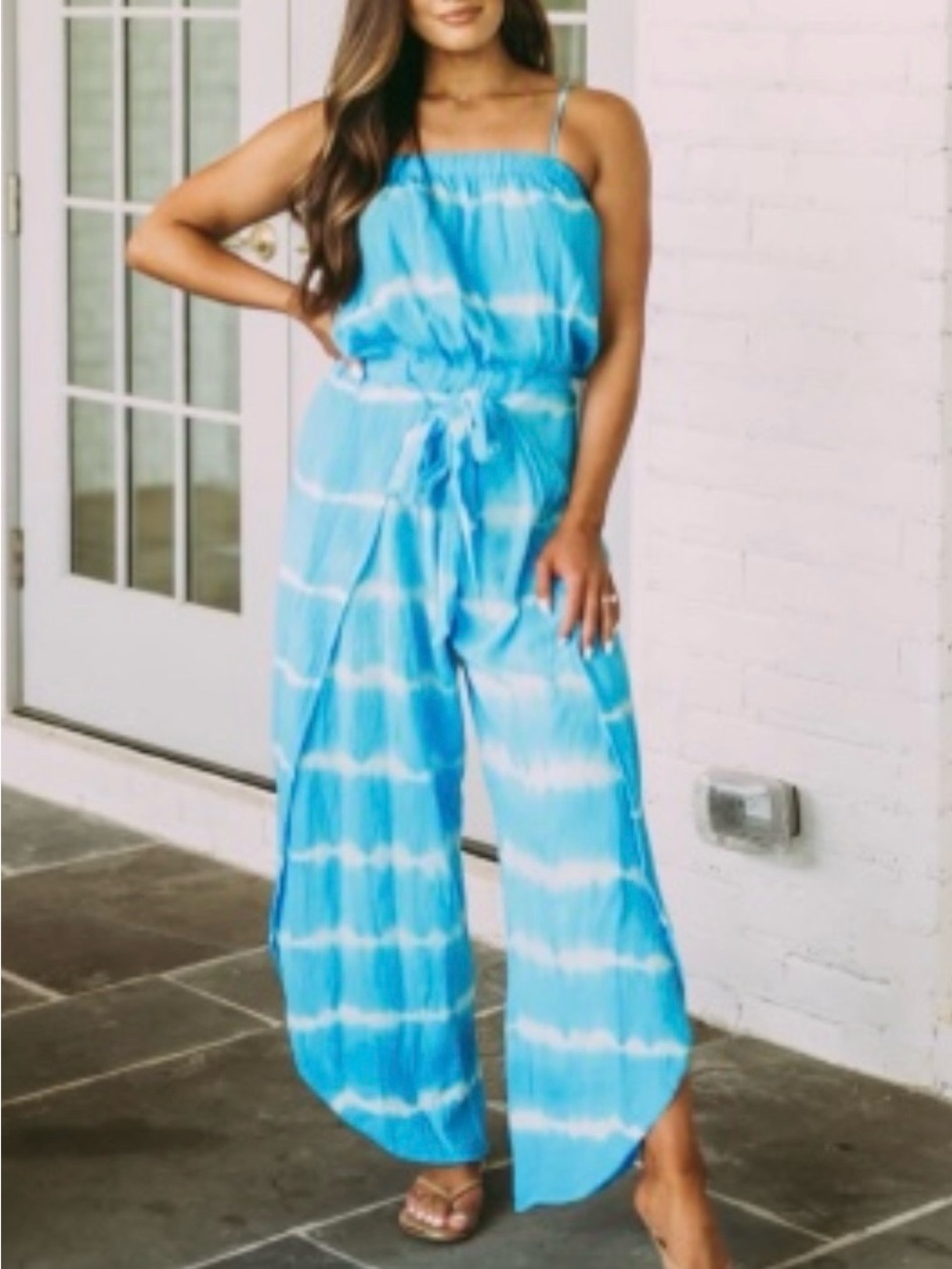 Blue Boho Style Tie-Dye Wide-Leg Jumpsuit